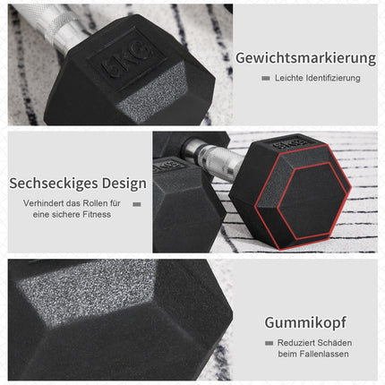 Hexagon dumbbells pair, 5 kg each, rubber coated cast iron