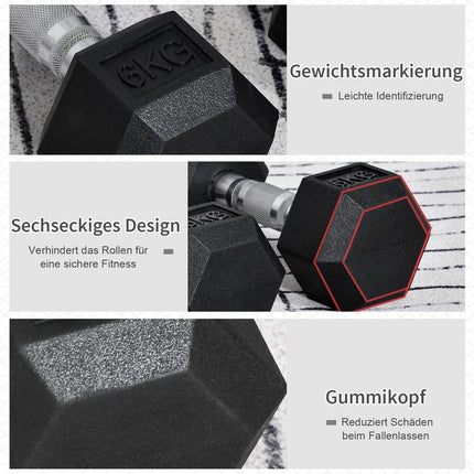Hexagon Dumbbells Set, 2x6 Kg, rubber coated cast iron