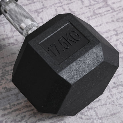 17.5 kg Hexagon rubber dumbbells, black iron for strength training