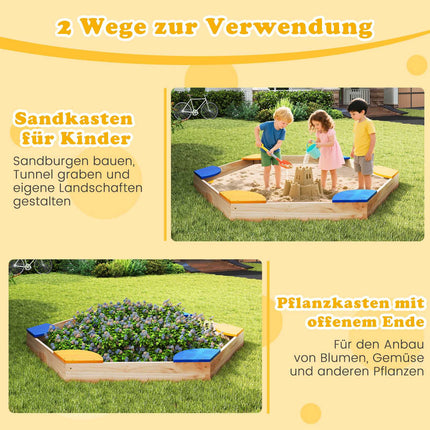 Hexagonal Wooden Sandbox with Planter, 140 x 122 x 14 cm