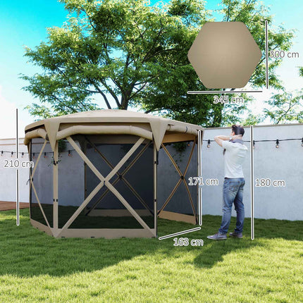 Zeshoekig paviljoen ca. 3,5x3m pop-up opvouwbaar paviljoen met afneembaar dak UV 30+ opvouwbare waterdichte partytent tuintent met 5 zijpanelen tuinpaviljoen voor camping tuinfestival, kaki Aosom