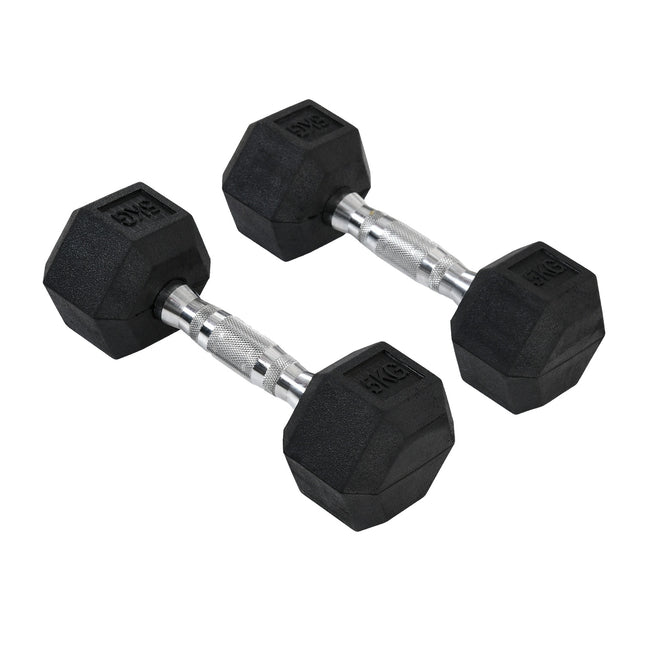 Hexagon dumbbells pair, 5 kg each, rubber coated cast iron