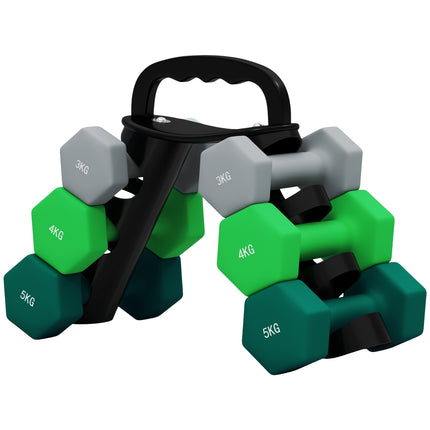 Hex dumbbell set with stand - 3, 4, 5 kg weights for home gym