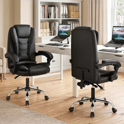 High Back Executive Chair, Black Leather, Adjustable Recline