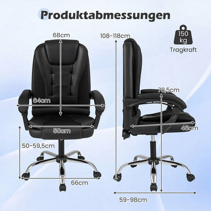High Back Executive Chair, Black Leather, Adjustable Recline