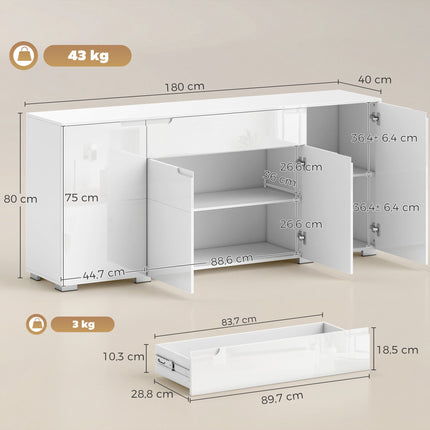 High-Gloss White Sideboard, 4 Doors, Adjustable Shelves