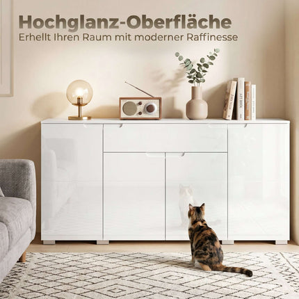 High-Gloss White Sideboard, 4 Doors, Adjustable Shelves