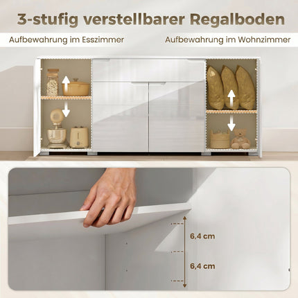 High-Gloss White Sideboard, 4 Doors, Adjustable Shelves