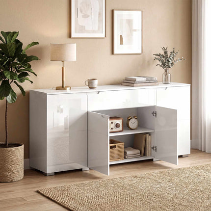 High-Gloss White Sideboard, 4 Doors, Adjustable Shelves
