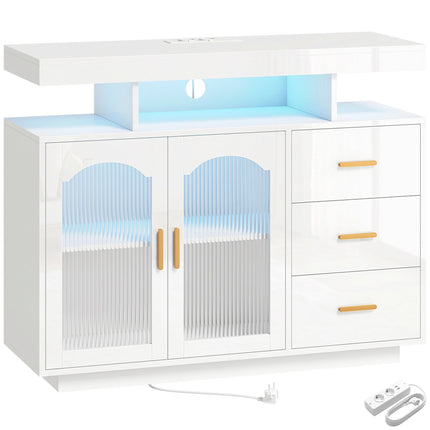 High Gloss White Sideboard With LED, Outlets, 3 Drawers