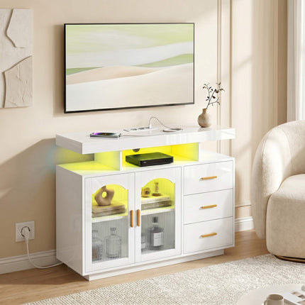 High Gloss White Sideboard With LED, Outlets, 3 Drawers