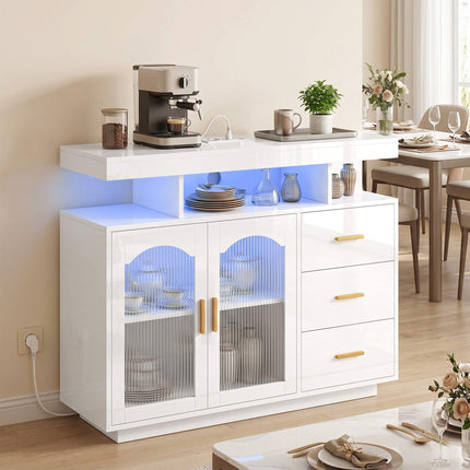 High Gloss White Sideboard With LED, Outlets, 3 Drawers