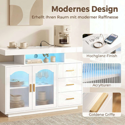 High Gloss White Sideboard With LED, Outlets, 3 Drawers