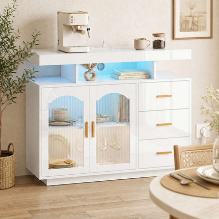 High Gloss White Sideboard With LED, Outlets, 3 Drawers