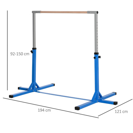 Hoge stang, in hoogte verstelbare turnstang, 13 niveaus, belastbaar tot 75 kg, gemaakt van staal en beukenhout in blauw voor gymnastiek en training