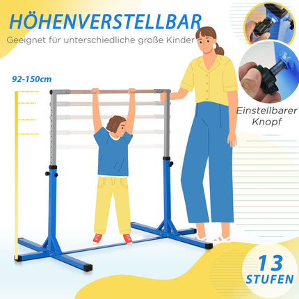 Hoge stang, in hoogte verstelbare turnstang, 13 niveaus, belastbaar tot 75 kg, gemaakt van staal en beukenhout in blauw voor gymnastiek en training