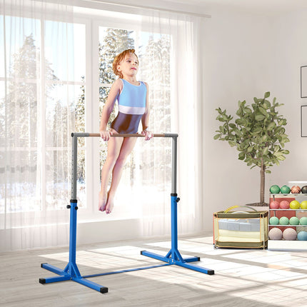 Hoge stang, in hoogte verstelbare turnstang, 13 niveaus, belastbaar tot 75 kg, gemaakt van staal en beukenhout in blauw voor gymnastiek en training