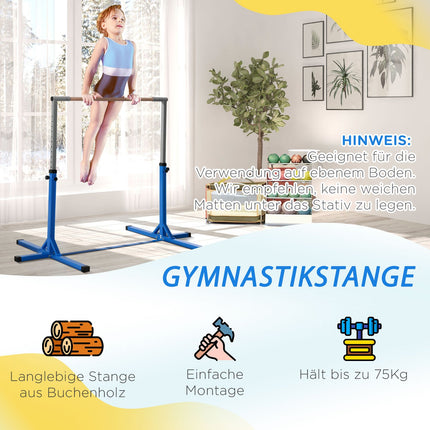 Hoge stang, in hoogte verstelbare turnstang, 13 niveaus, belastbaar tot 75 kg, gemaakt van staal en beukenhout in blauw voor gymnastiek en training