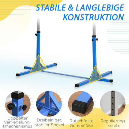 Hoge stang, in hoogte verstelbare turnstang, 13 niveaus, belastbaar tot 75 kg, gemaakt van staal en beukenhout in blauw voor gymnastiek en training