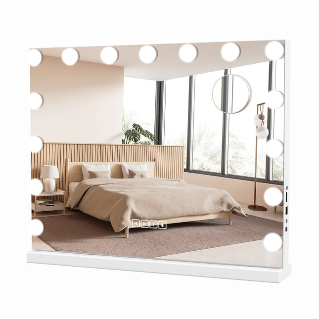 Hollywood Mirror with Lighting, USB Charging Port & Bluetooth Speaker, Cosmetic Mirror for Bedroom, 58 x 46 cm, White