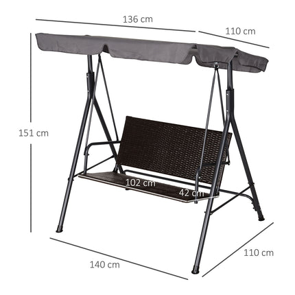 2-seater garden swing bench - adjustable canopy, rattan frame