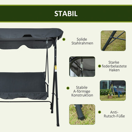 Hollywood Swing 3-Zits Comfortabele Schommelbank Met Dak, Stalen Constructie, Grijs En Zwart, 172X110X153Cm