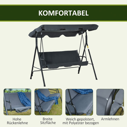 Hollywood Swing 3-Zits Comfortabele Schommelbank Met Dak, Stalen Constructie, Grijs En Zwart, 172X110X153Cm