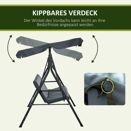 Hollywood Swing 3-Zits Comfortabele Schommelbank Met Dak, Stalen Constructie, Grijs En Zwart, 172X110X153Cm