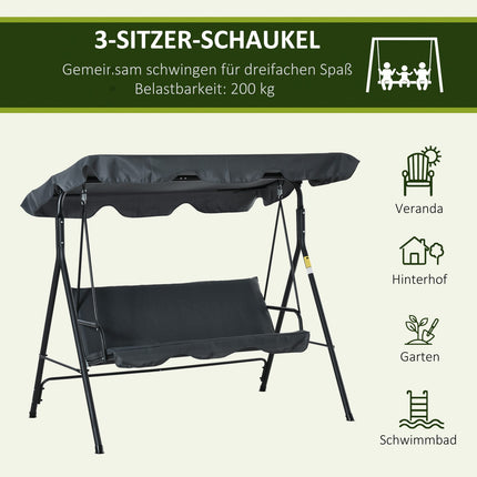 Hollywood Swing 3-Zits Comfortabele Schommelbank Met Dak, Stalen Constructie, Grijs En Zwart, 172X110X153Cm