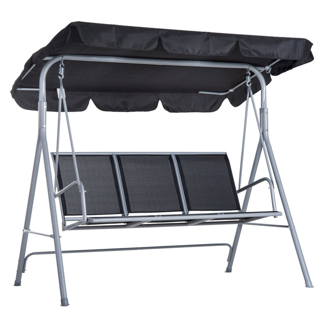 3-seat garden swing with roof - metal frame, black/silver