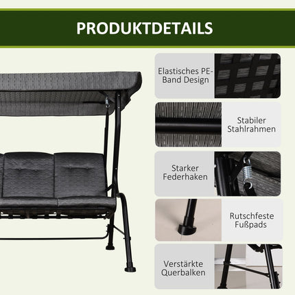 3-seat garden swing with adjustable canopy, grey