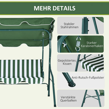 3-seat garden swing with canopy, steel frame, green