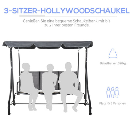 3-seat garden swing with adjustable canopy, gray steel