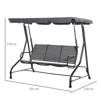 3-seat garden swing with adjustable canopy, gray steel