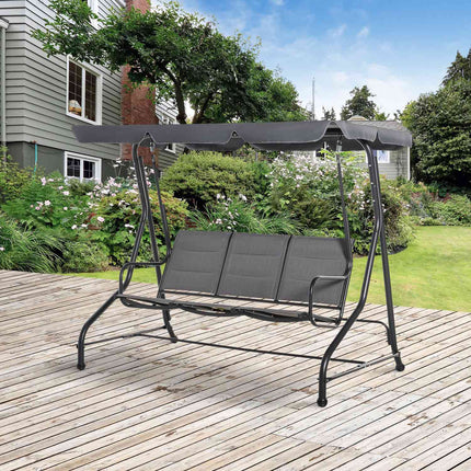 3-seat garden swing with adjustable canopy, gray steel
