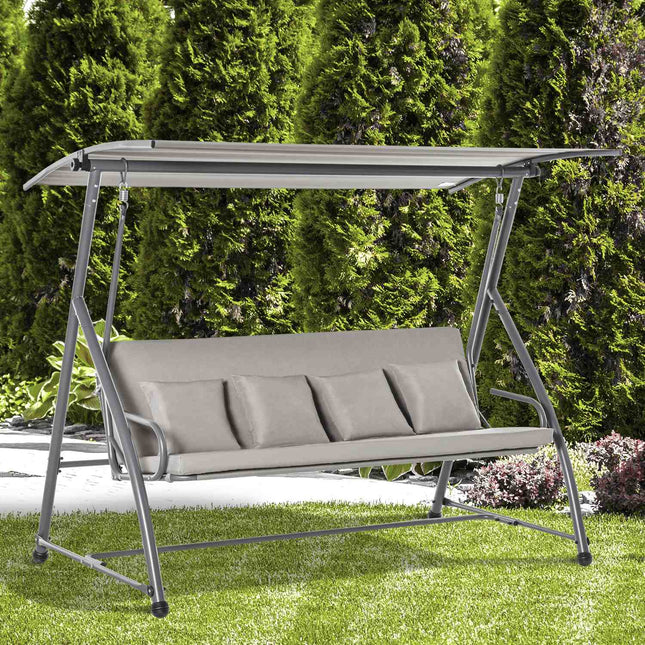 3-seat brown swivel bench with adjustable canopy and recliner