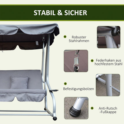 3-seat steel garden swing, horizontal, grey, 200x120x164 cm