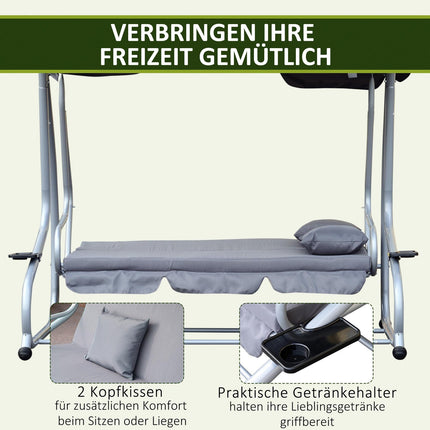 3-seat steel garden swing, horizontal, grey, 200x120x164 cm