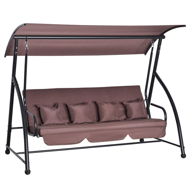 3-seater garden swing bench with adjustable roof, brown