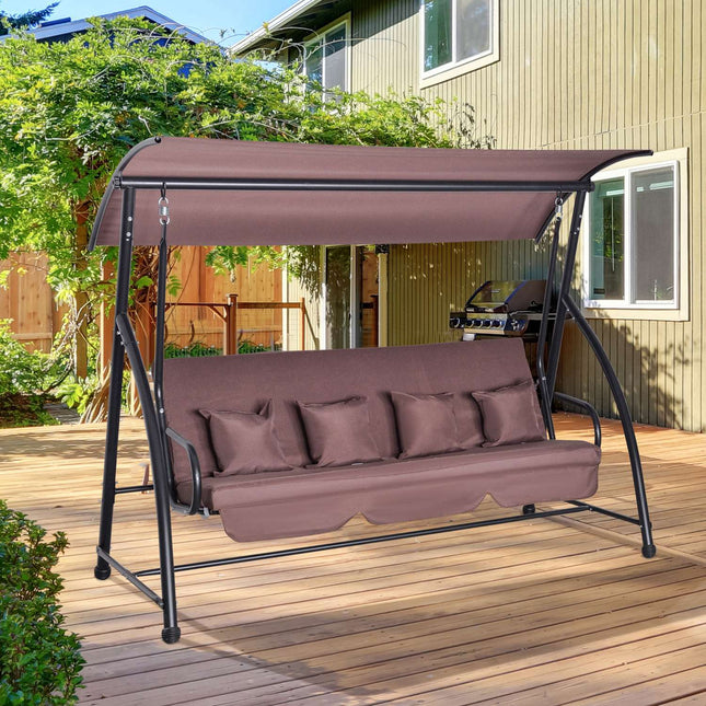 3-seater garden swing bench with adjustable roof, brown