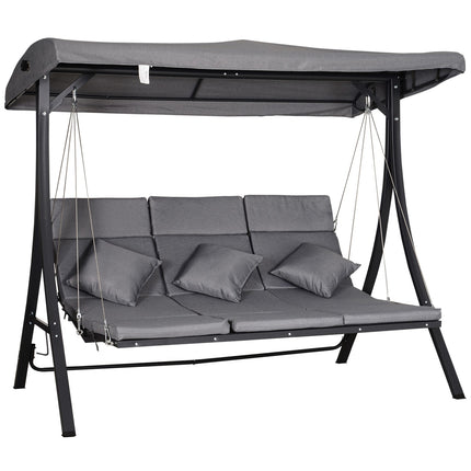 3-seat gray garden swing with adjustable canopy