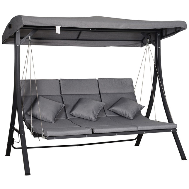 3-seat gray garden swing with adjustable canopy
