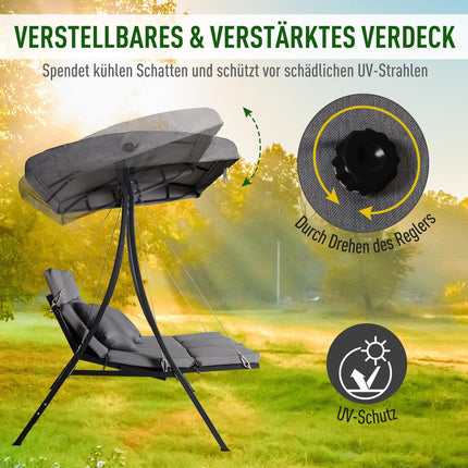 3-seat gray garden swing with adjustable canopy