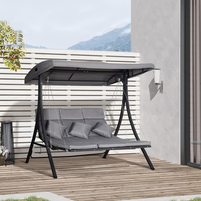 3-seat gray garden swing with adjustable canopy