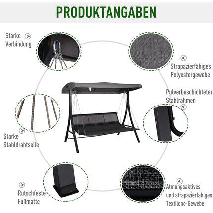 3-seat gray garden swing with adjustable canopy