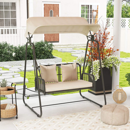 Hollywood Swing rotan 2-zits tuinschommel met verstelbaar zonnekapkussen hangbank draagvermogen tot 240 kg hangende schommelbank voor tuinbalkon 149 x 121 x 180 cm kaki Aosoom