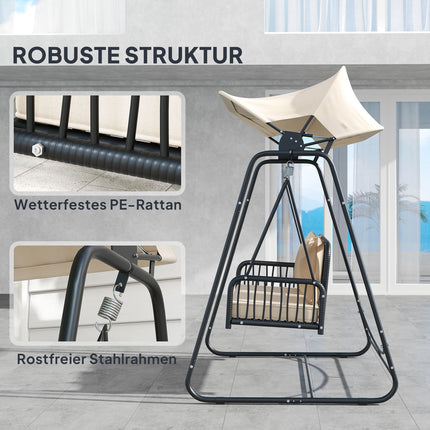 Hollywood Swing rotan 2-zits tuinschommel met verstelbaar zonnekapkussen hangbank draagvermogen tot 240 kg hangende schommelbank voor tuinbalkon 149 x 121 x 180 cm kaki Aosoom