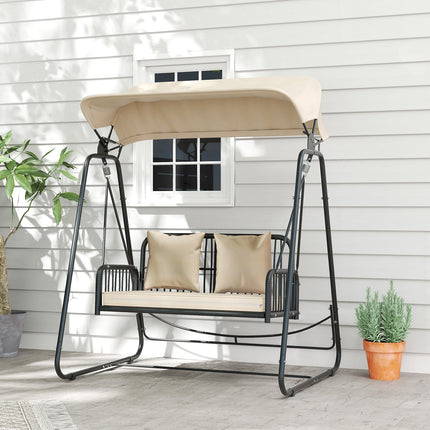 Hollywood Swing rotan 2-zits tuinschommel met verstelbaar zonnekapkussen hangbank draagvermogen tot 240 kg hangende schommelbank voor tuinbalkon 149 x 121 x 180 cm kaki Aosoom