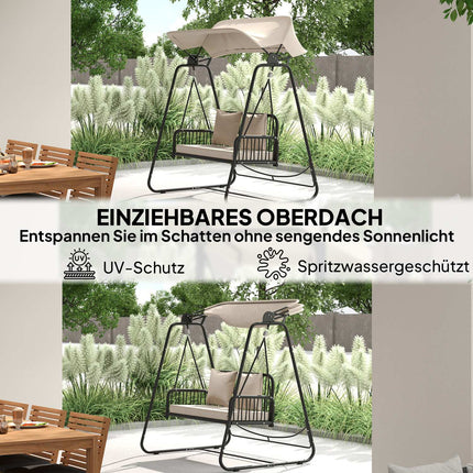 Hollywood Swing rotan 2-zits tuinschommel met verstelbaar zonnekapkussen hangbank draagvermogen tot 240 kg hangende schommelbank voor tuinbalkon 149 x 121 x 180 cm kaki Aosoom