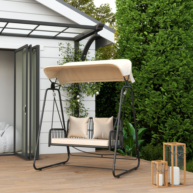 2 Seater Rattan Garden Swing with Canopy - Khaki
